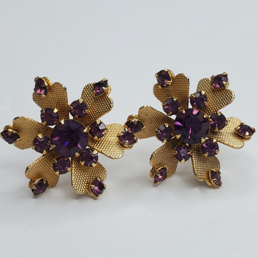 Vintage Purple and Gold Tone Floral Screw Back Clip On Earrings